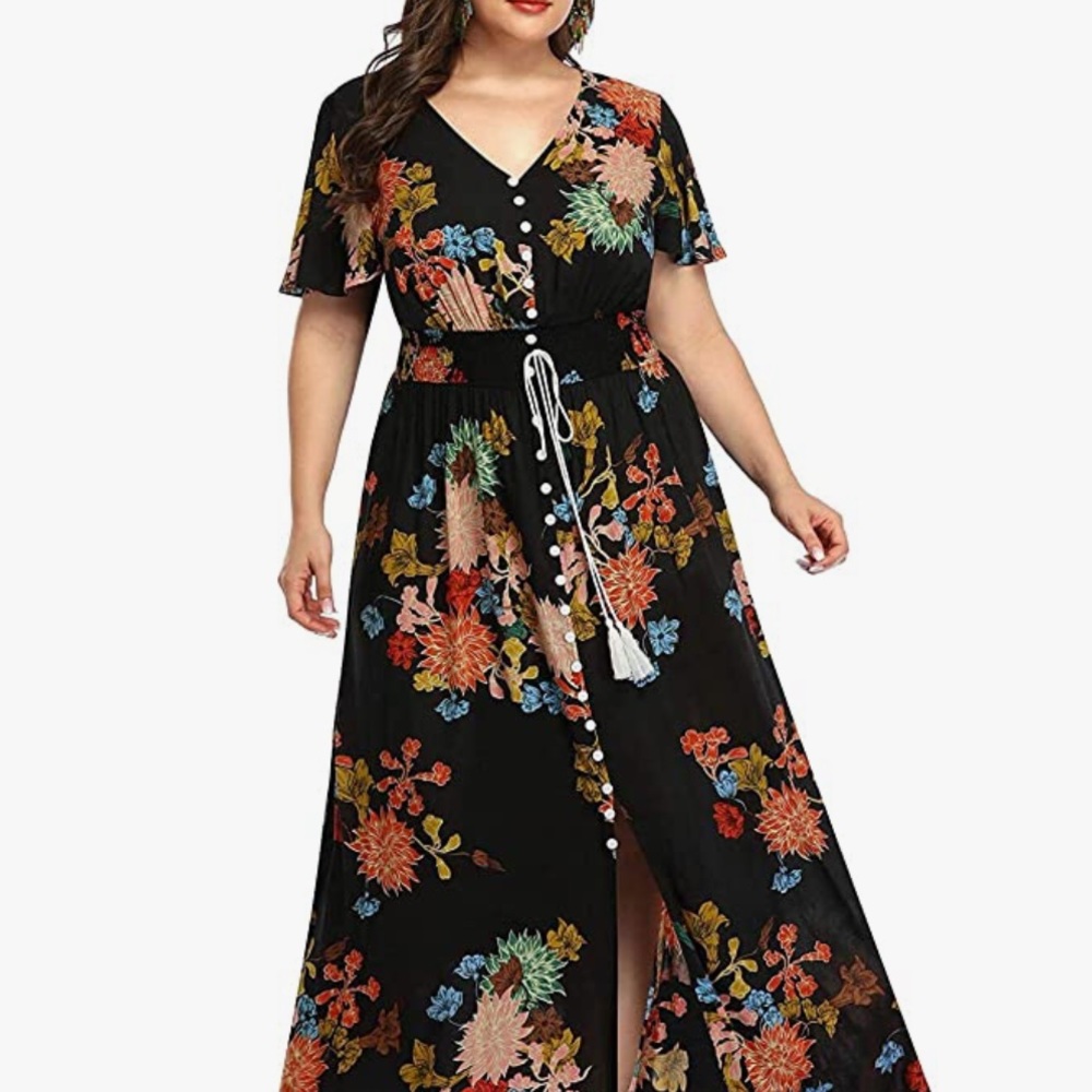 Women's Plus Size Boho Floral Print Button Up Short Sleeve Beach Maxi Dr…